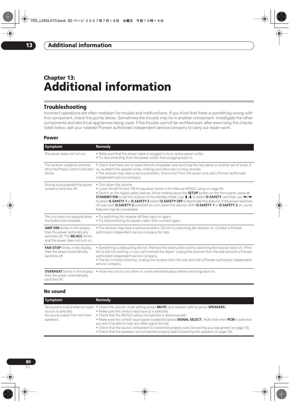 13 additional information, Troubleshooting, Power no sound | Additional information, Additional information 13, Chapter 13 | Pioneer VSX-LX70 User Manual | Page 80 / 96