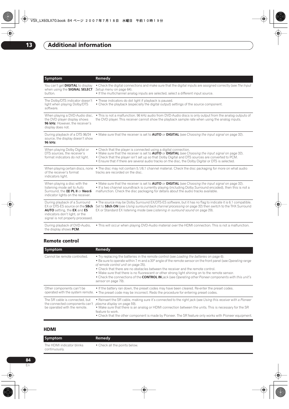 Remote control hdmi, Additional information 13 | Pioneer VSX-LX70 User Manual | Page 84 / 96
