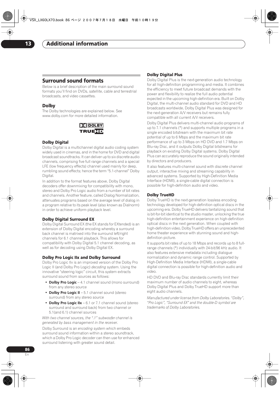 Surround sound formats, Dolby, Additional information 13 | Pioneer VSX-LX70 User Manual | Page 86 / 96