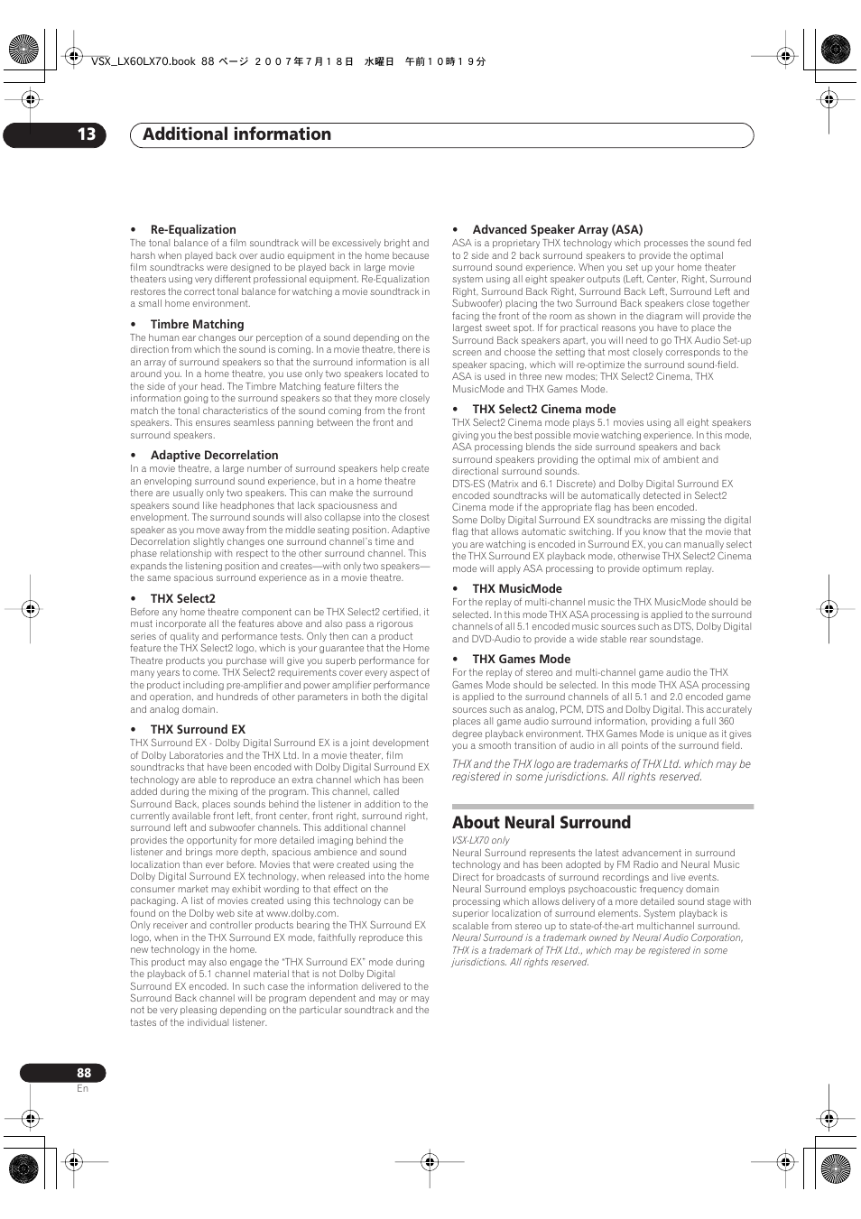About neural surround, Additional information 13 | Pioneer VSX-LX70 User Manual | Page 88 / 96