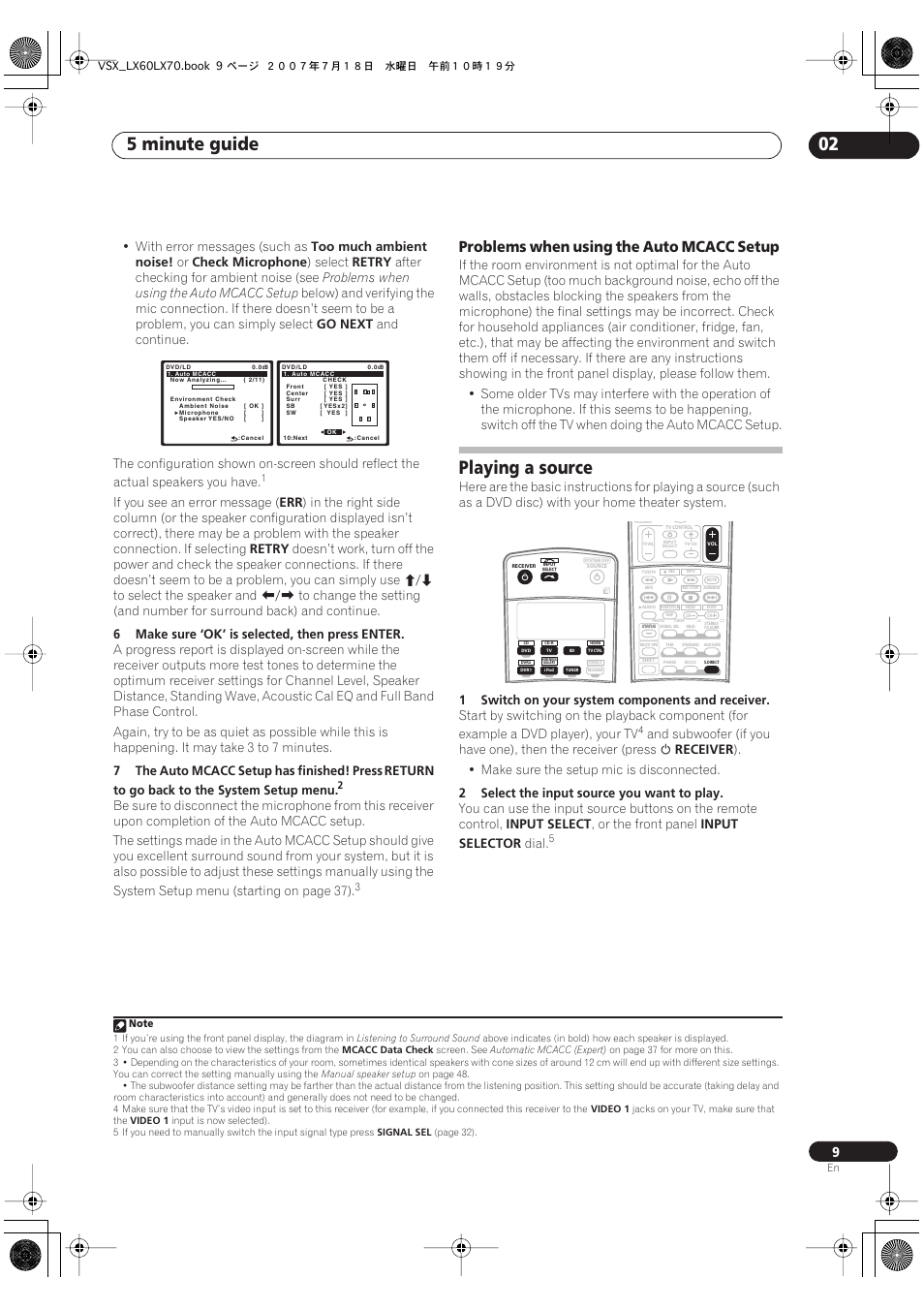 Problems when using the auto mcacc setup, Playing a source, 5 minute guide 02 | Pioneer VSX-LX70 User Manual | Page 9 / 96