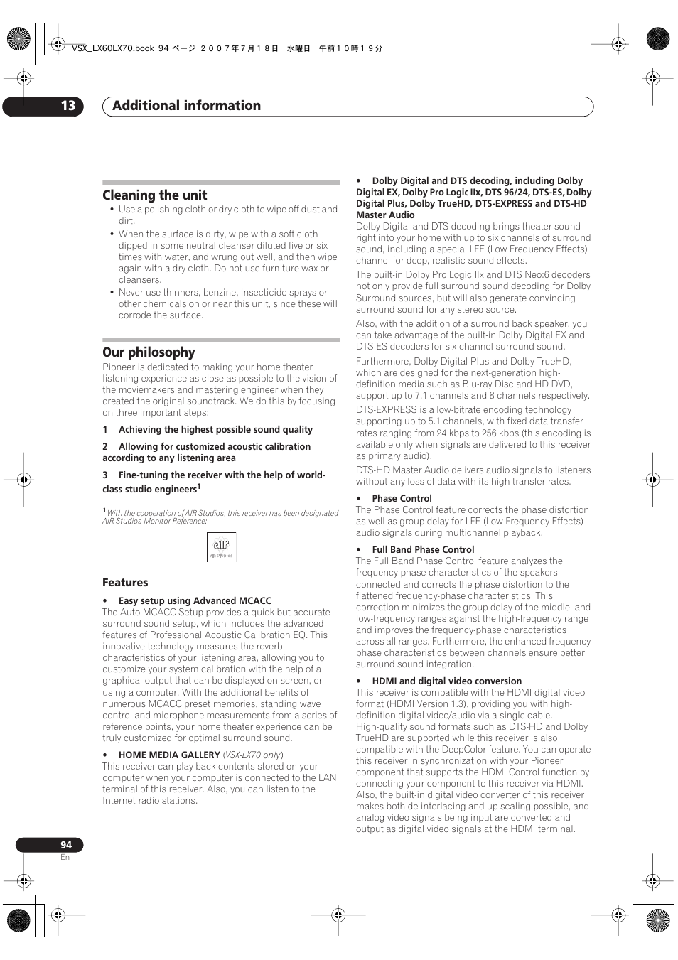 Cleaning the unit our philosophy, Features, Additional information 13 | Cleaning the unit, Our philosophy | Pioneer VSX-LX70 User Manual | Page 94 / 96