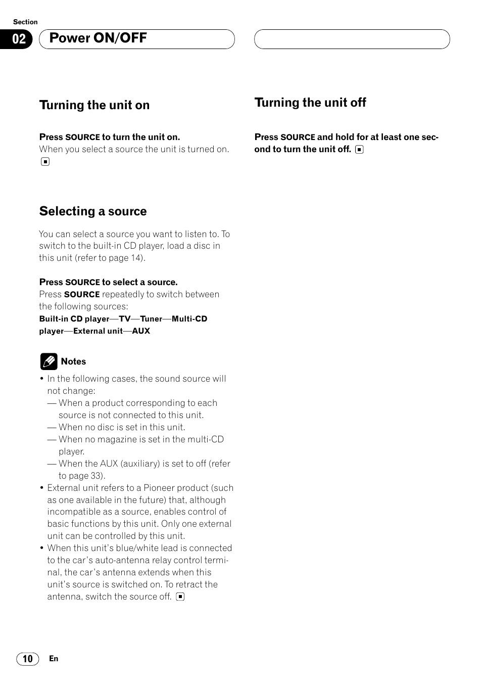 Power on/off, Turning the unit on, Selecting a source | Turning the unit off | Pioneer DEH-P4400 User Manual | Page 10 / 112