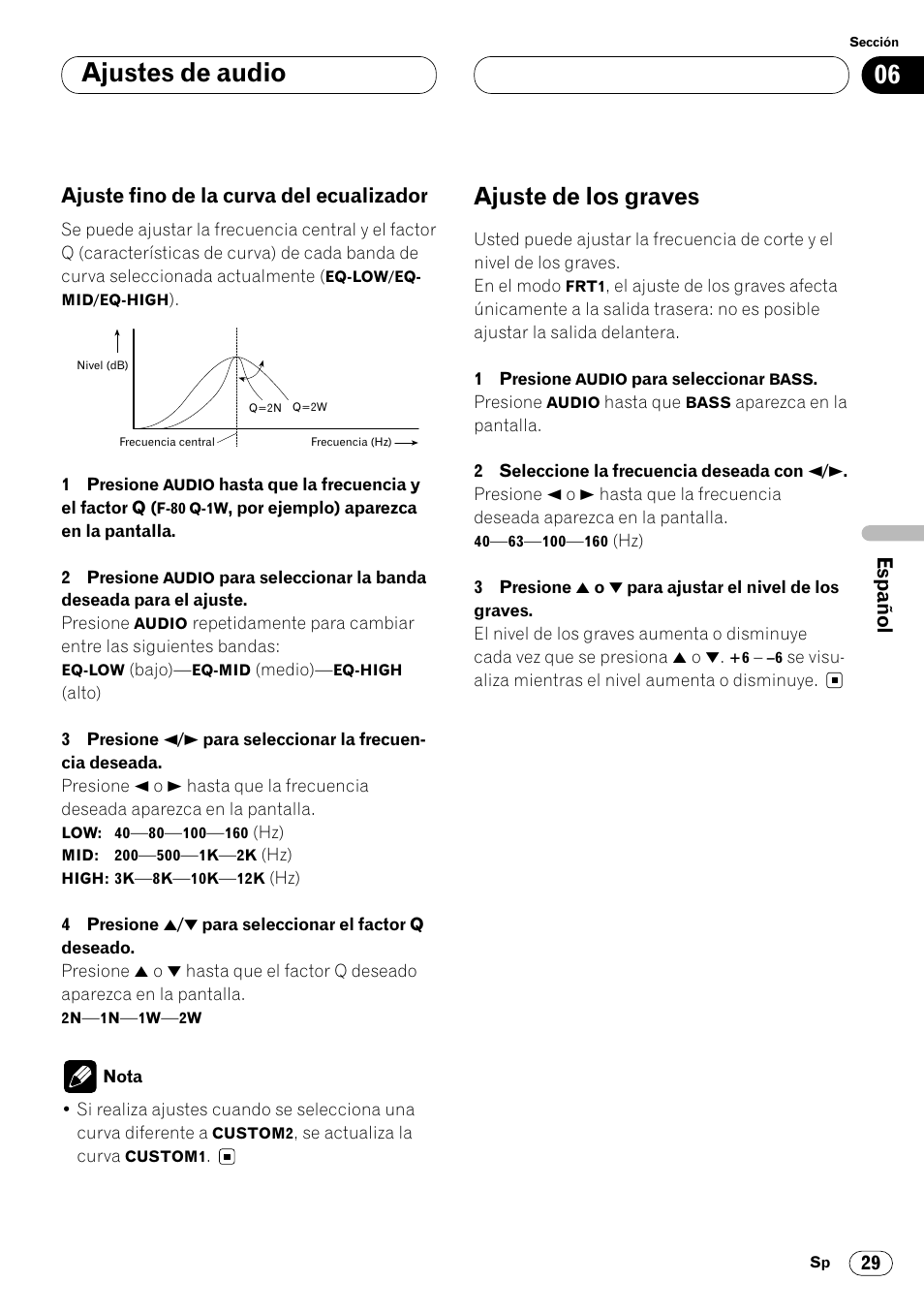 Ajuste fino de la curva del, Ecualizador 29, Ajuste de los graves 29 | Ajustes de audio, Ajuste de los graves, Ajuste fino de la curva del ecualizador | Pioneer DEH-P4400 User Manual | Page 101 / 112