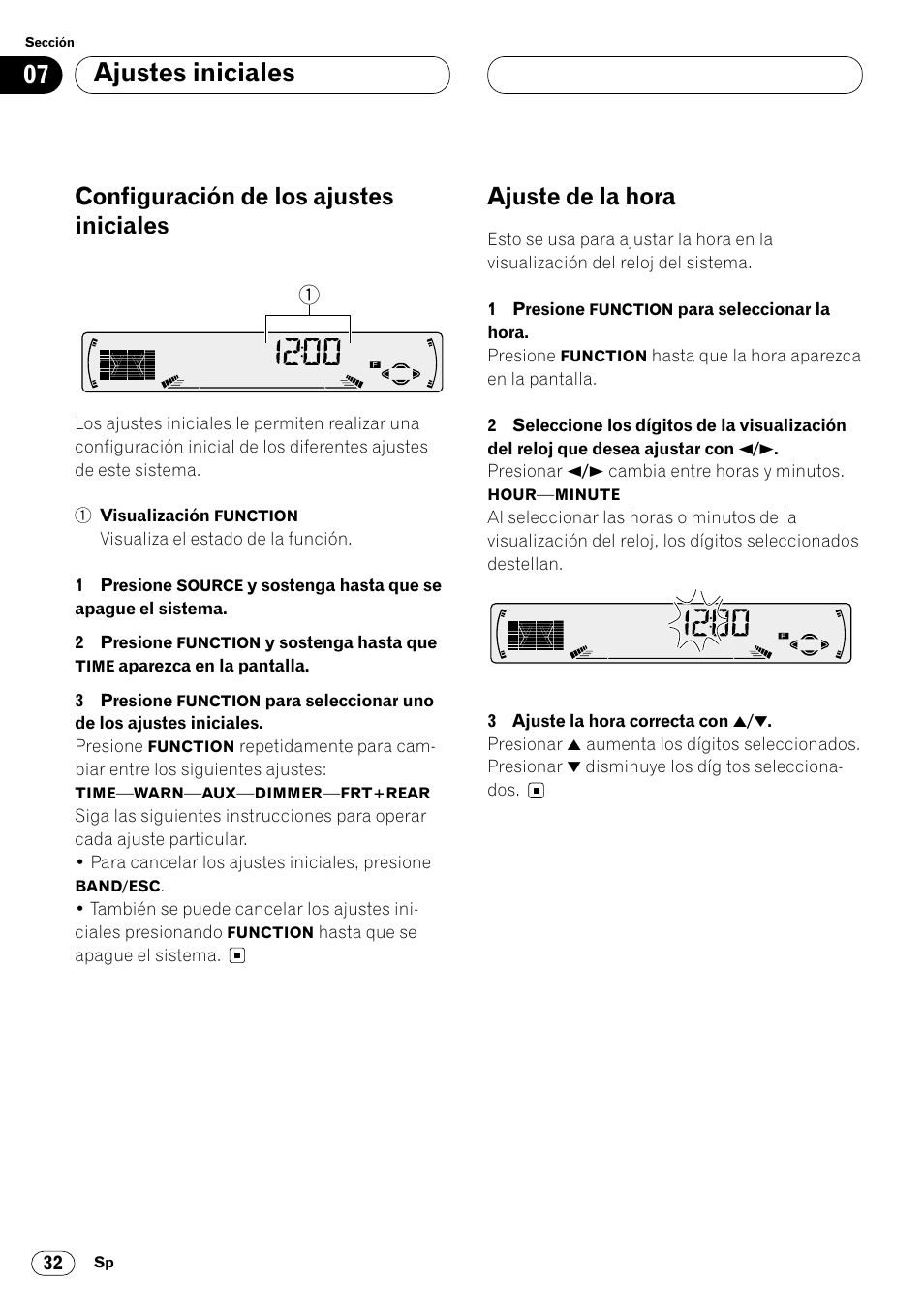 Ajustes iniciales, Configuración de los ajustes iniciales, Ajuste de la hora | Pioneer DEH-P4400 User Manual | Page 104 / 112