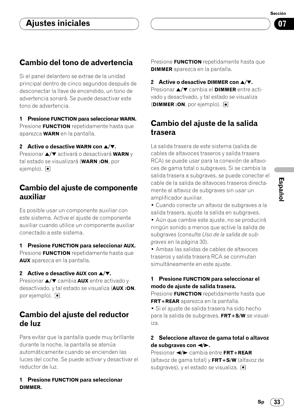 Auxiliar 33, Ajustes iniciales, Cambio del tono de advertencia | Cambio del ajuste de componente auxiliar, Cambio del ajuste del reductor de luz, Cambio del ajuste de la salida trasera | Pioneer DEH-P4400 User Manual | Page 105 / 112