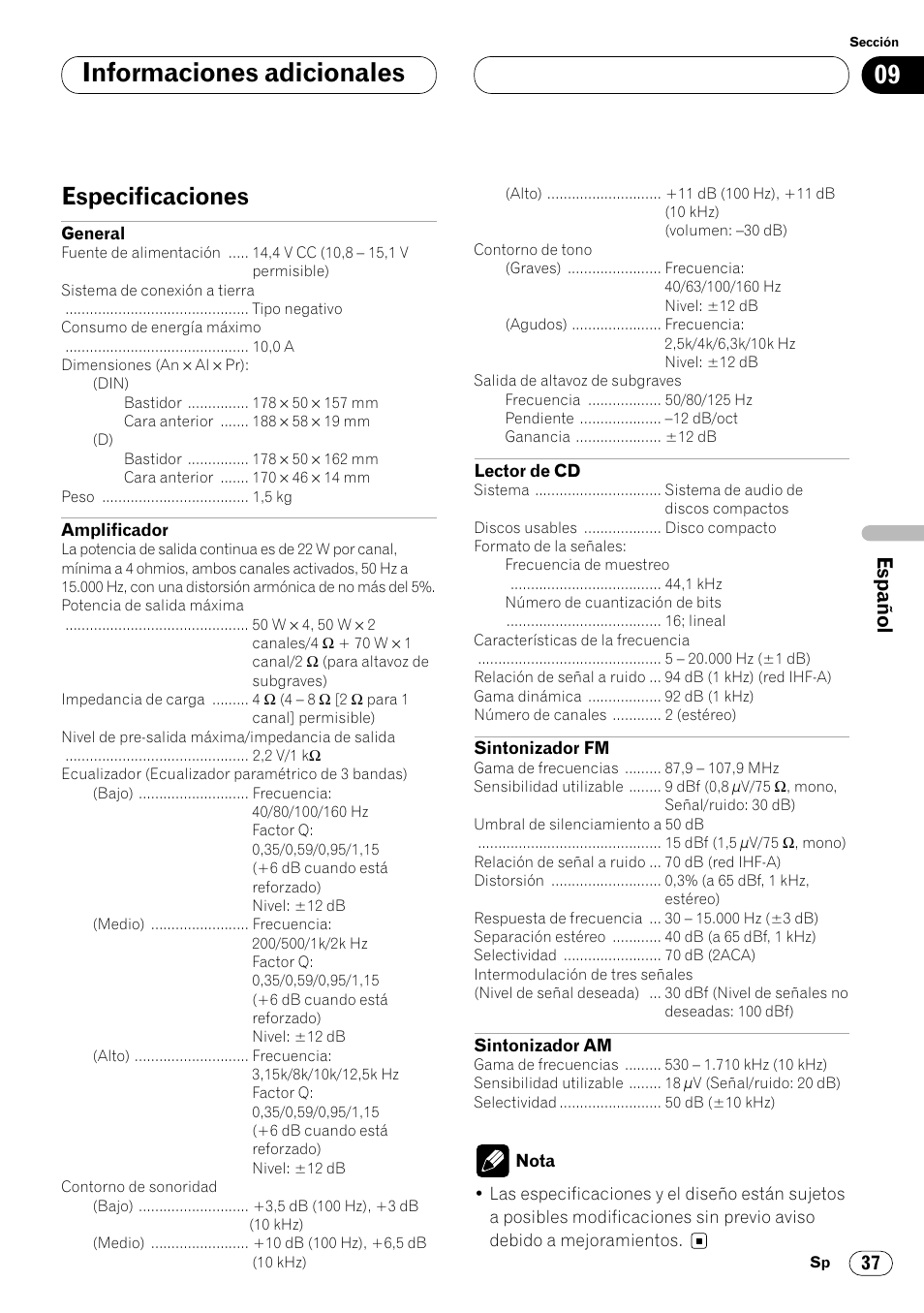 Especificaciones 37, Informaciones adicionales, Especificaciones | Pioneer DEH-P4400 User Manual | Page 109 / 112