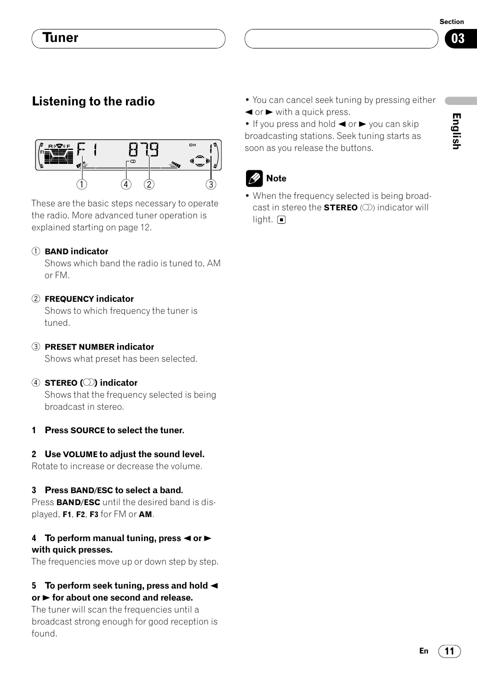 Tuner listening to the radio 11, Tuner, Listening to the radio | Pioneer DEH-P4400 User Manual | Page 11 / 112