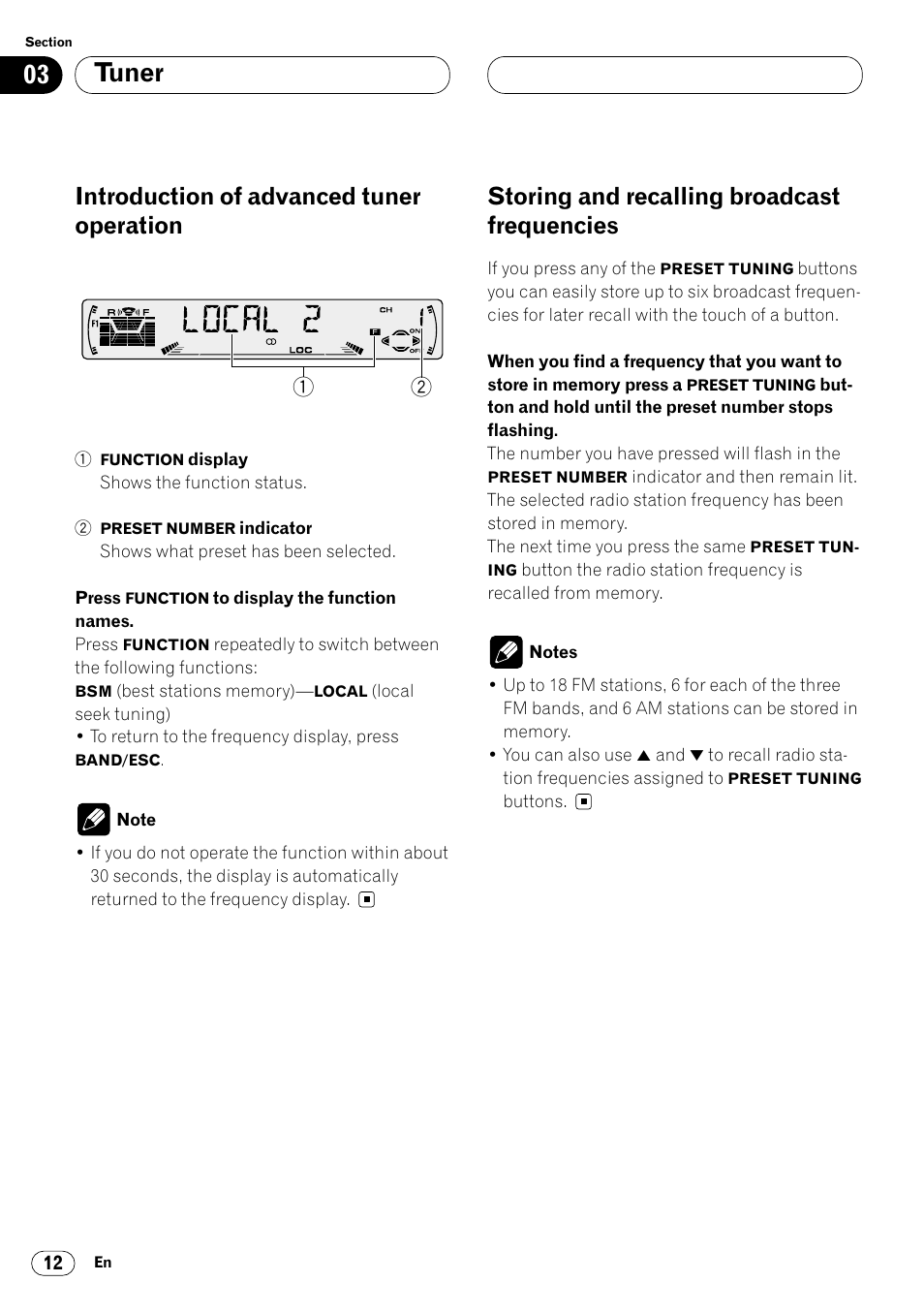 Introduction of advanced tuner, Operation 12, Storing and recalling broadcast | Frequencies 12, Tuner, Introduction of advanced tuner operation, Storing and recalling broadcast frequencies | Pioneer DEH-P4400 User Manual | Page 12 / 112
