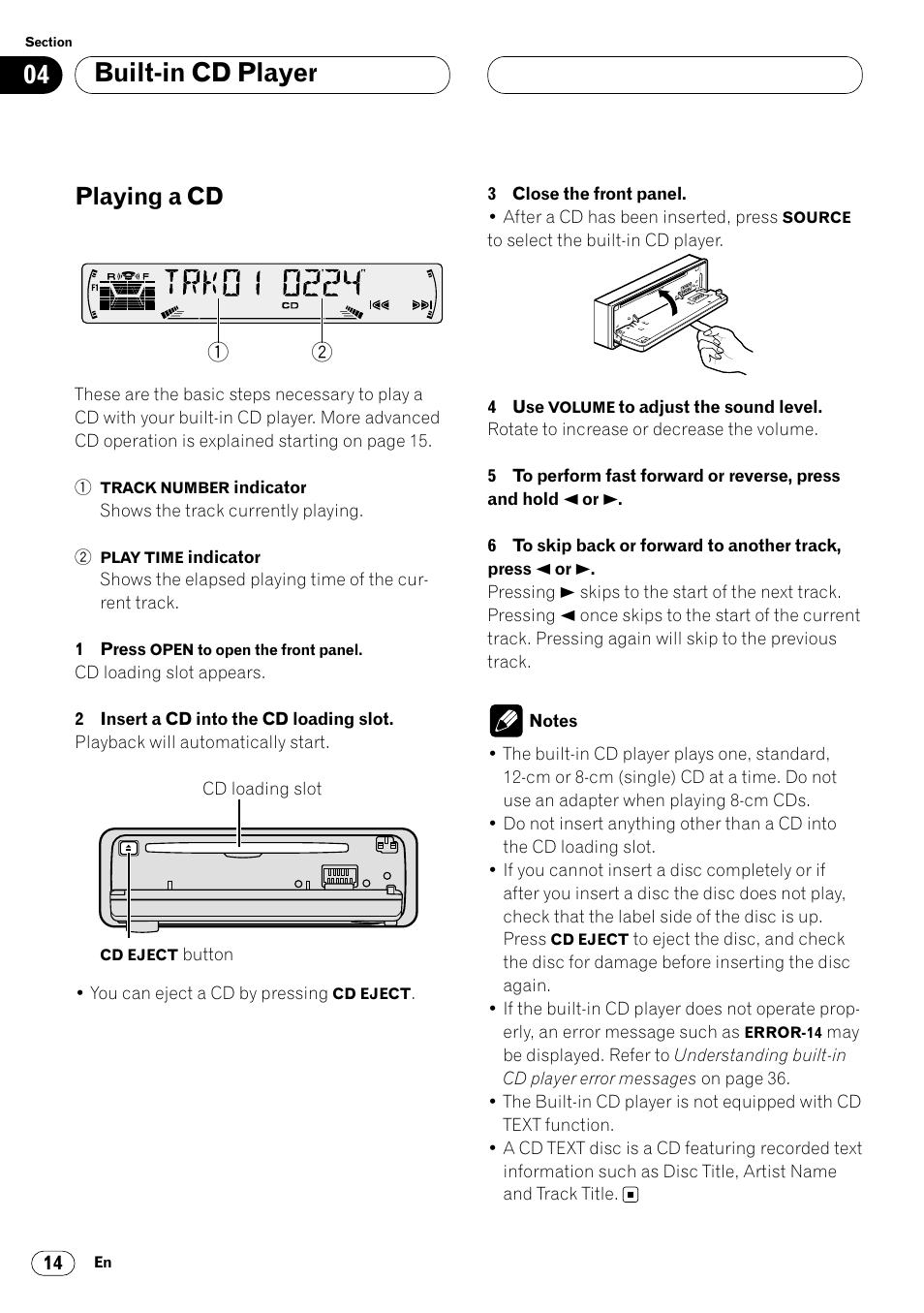 Built-in cd player playing a cd 14, Built-in cd player, Playing a cd | Pioneer DEH-P4400 User Manual | Page 14 / 112