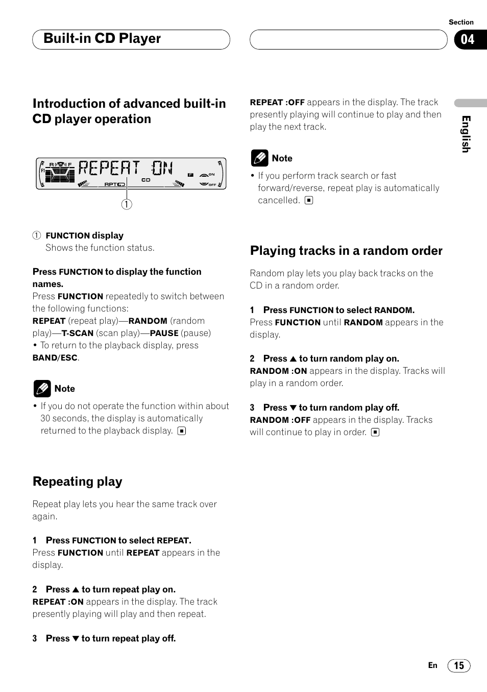 Introduction of advanced built-in cd, Player operation 15, Built-in cd player | Repeating play, Playing tracks in a random order | Pioneer DEH-P4400 User Manual | Page 15 / 112