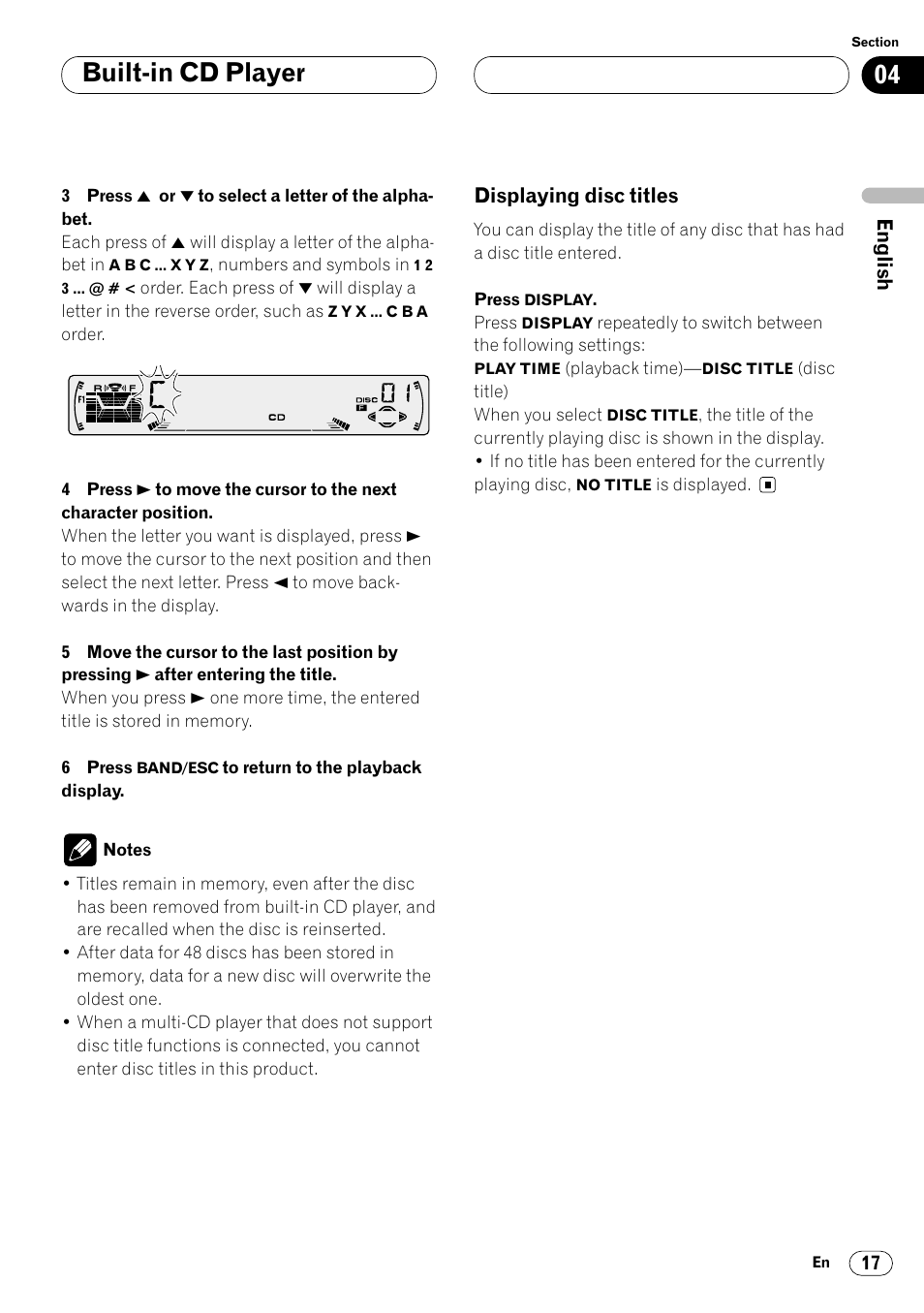 Displaying disc titles 17, Built-in cd player | Pioneer DEH-P4400 User Manual | Page 17 / 112