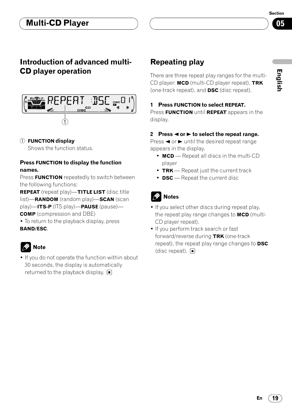 Introduction of advanced multi-cd player, Operation 19, Repeating play 19 | Multi-cd player, Repeating play | Pioneer DEH-P4400 User Manual | Page 19 / 112