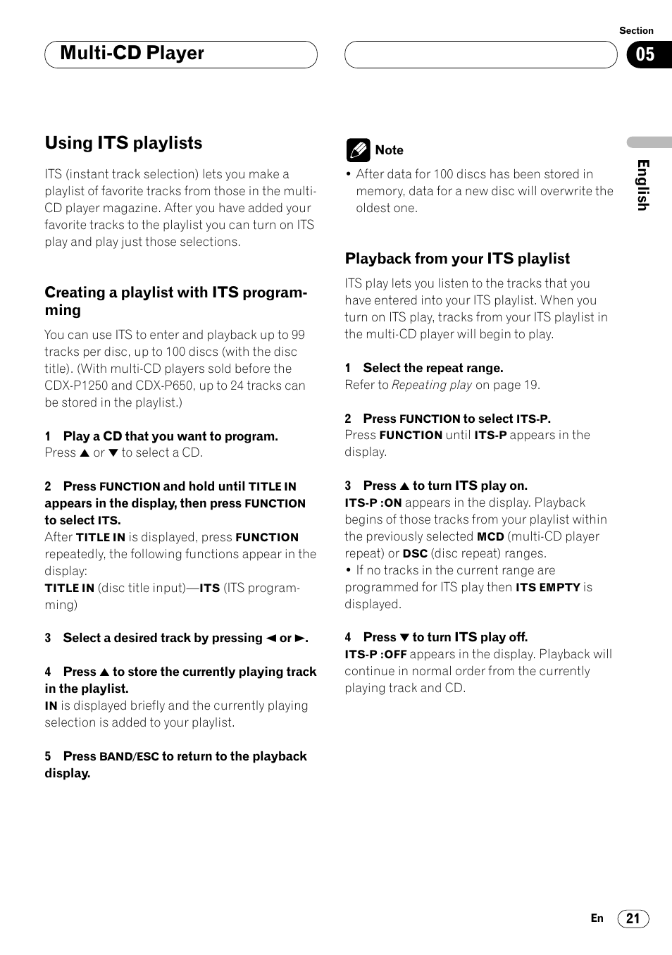 Using its playlists 21, Creating a playlist with its program, Ming 21 | Playback from your its playlist 21, Multi-cd player, Using its playlists | Pioneer DEH-P4400 User Manual | Page 21 / 112
