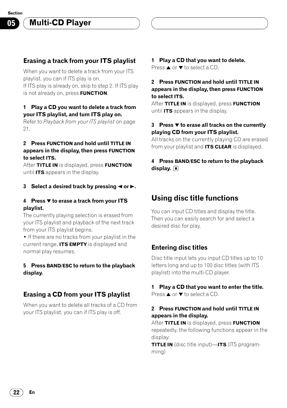 Erasing a track from your its, Playlist 22, Erasing a cd from your its playlist 22 | Using disc title functions 22, Entering disc titles 22, Multi-cd player, Using disc title functions, Erasing a track from your its playlist, Erasing a cd from your its playlist, Entering disc titles | Pioneer DEH-P4400 User Manual | Page 22 / 112