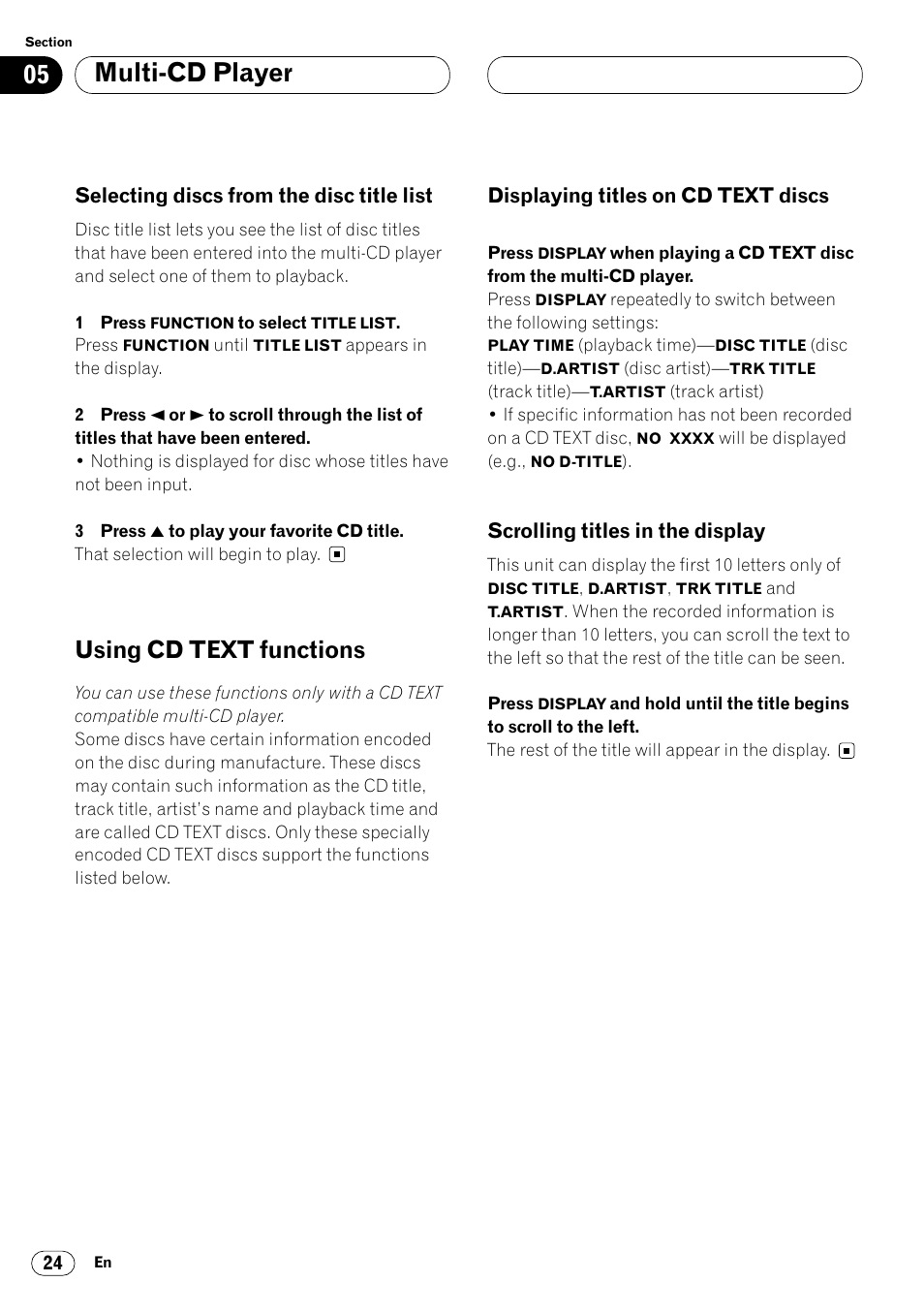 Selecting discs from the disc, Title list 24, Using cd text functions 24 | Multi-cd player, Using cd text functions | Pioneer DEH-P4400 User Manual | Page 24 / 112