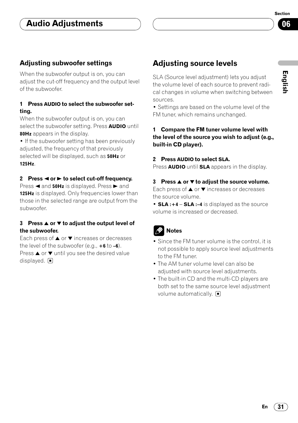 Adjusting subwoofer settings 31, Adjusting source levels 31, Audio adjustments | Adjusting source levels | Pioneer DEH-P4400 User Manual | Page 31 / 112