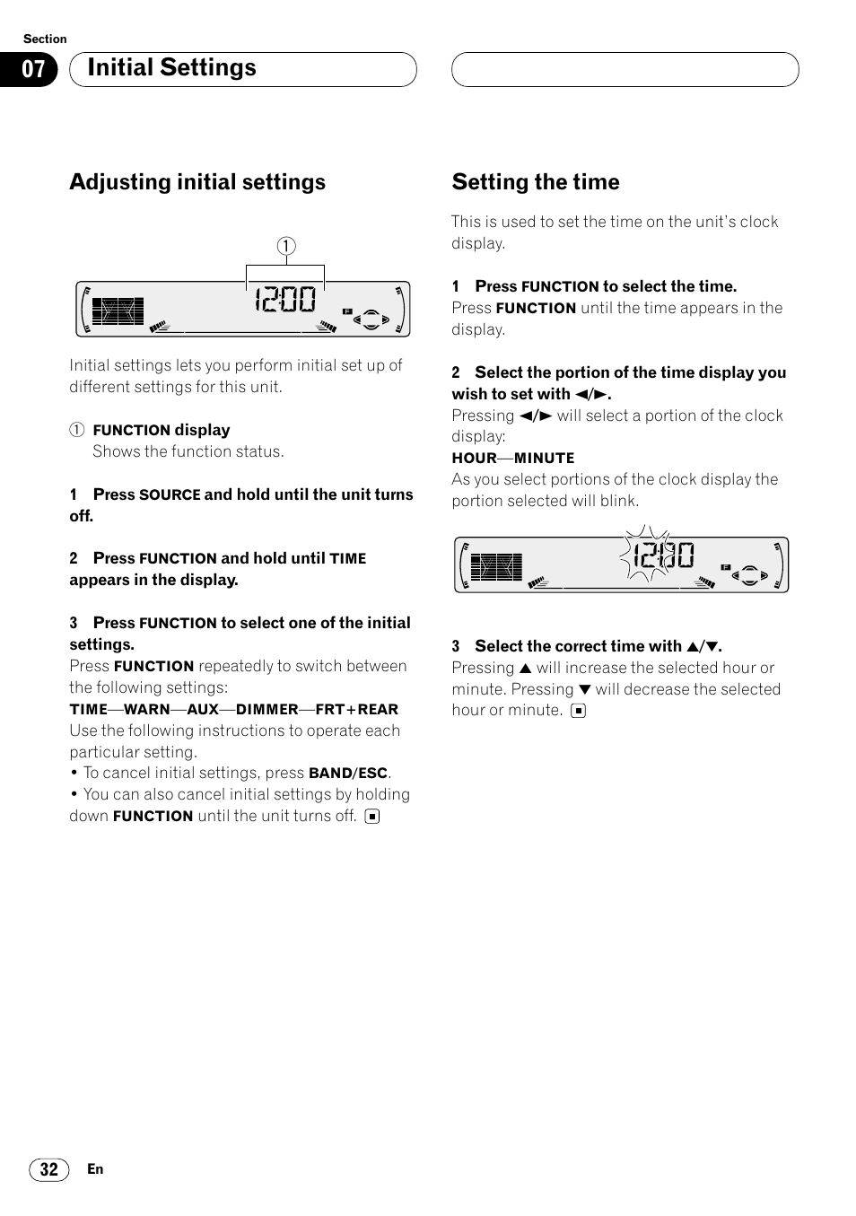 Initial settings, Adjusting initial settings, Setting the time | Pioneer DEH-P4400 User Manual | Page 32 / 112