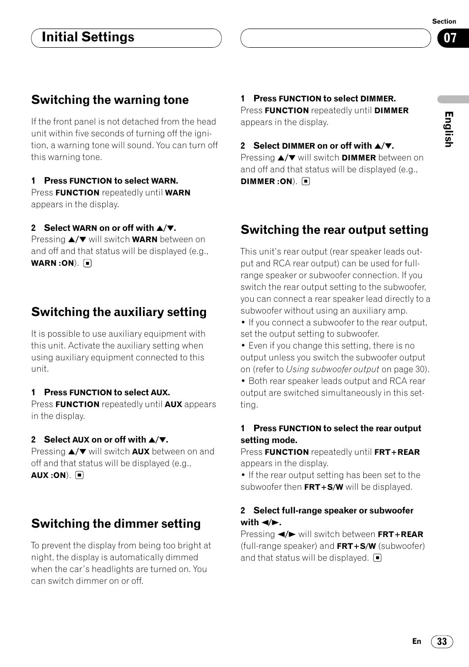 Initial settings, Switching the warning tone, Switching the auxiliary setting | Switching the dimmer setting, Switching the rear output setting | Pioneer DEH-P4400 User Manual | Page 33 / 112