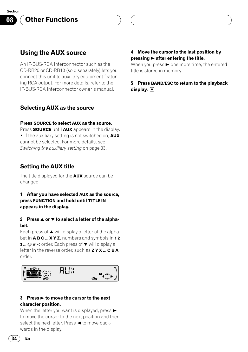 Other functions using the aux source 34, Other functions, Using the aux source | Pioneer DEH-P4400 User Manual | Page 34 / 112