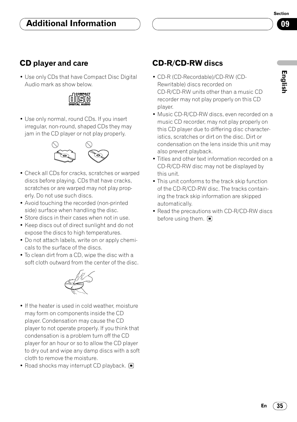 Additional information, Cd player and care, Cd-r/cd-rw discs | Pioneer DEH-P4400 User Manual | Page 35 / 112