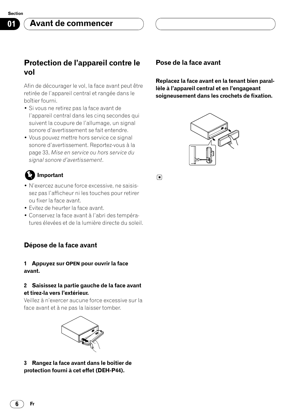 Protection de l’appareil contre le vol 6, Avant de commencer, Protection de l’appareil contre le vol | Pioneer DEH-P4400 User Manual | Page 42 / 112
