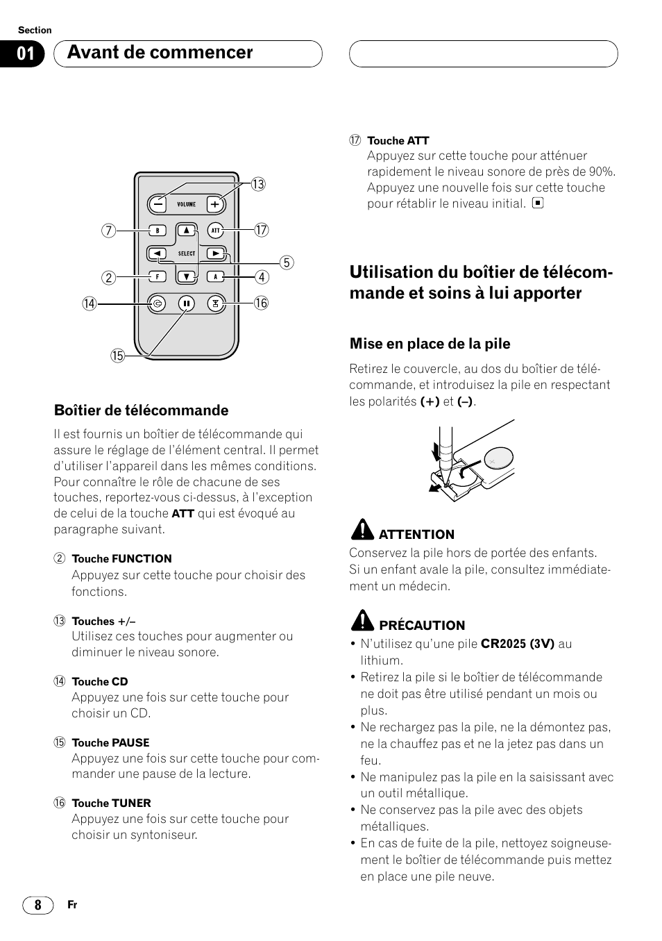 Boîtier de télécommande 8, Utilisation du boîtier de télécommande et, Avant de commencer | Pioneer DEH-P4400 User Manual | Page 44 / 112