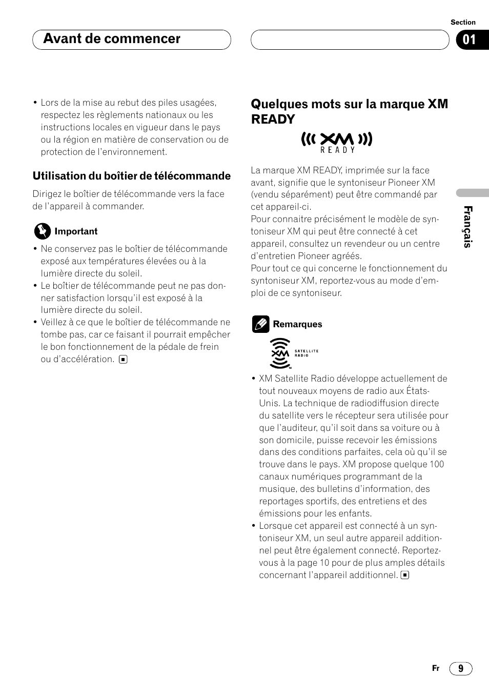 Utilisation du boîtier de télécommande, Quelques mots sur la marque xm ready 9, Avant de commencer | Quelques mots sur la marque xm ready | Pioneer DEH-P4400 User Manual | Page 45 / 112