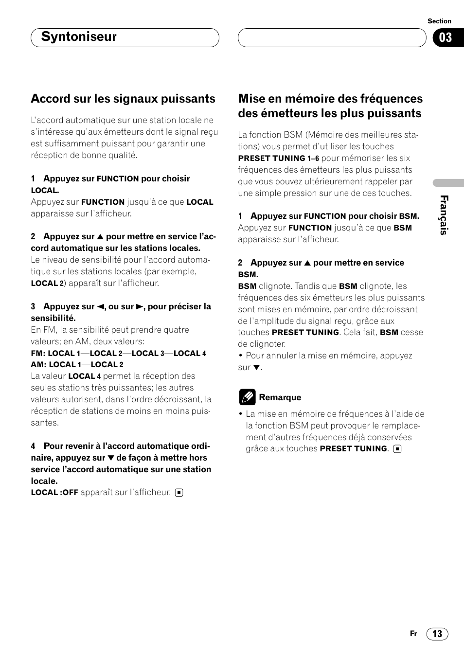 Émetteurs les plus puissants 13, Syntoniseur, Accord sur les signaux puissants | Pioneer DEH-P4400 User Manual | Page 49 / 112