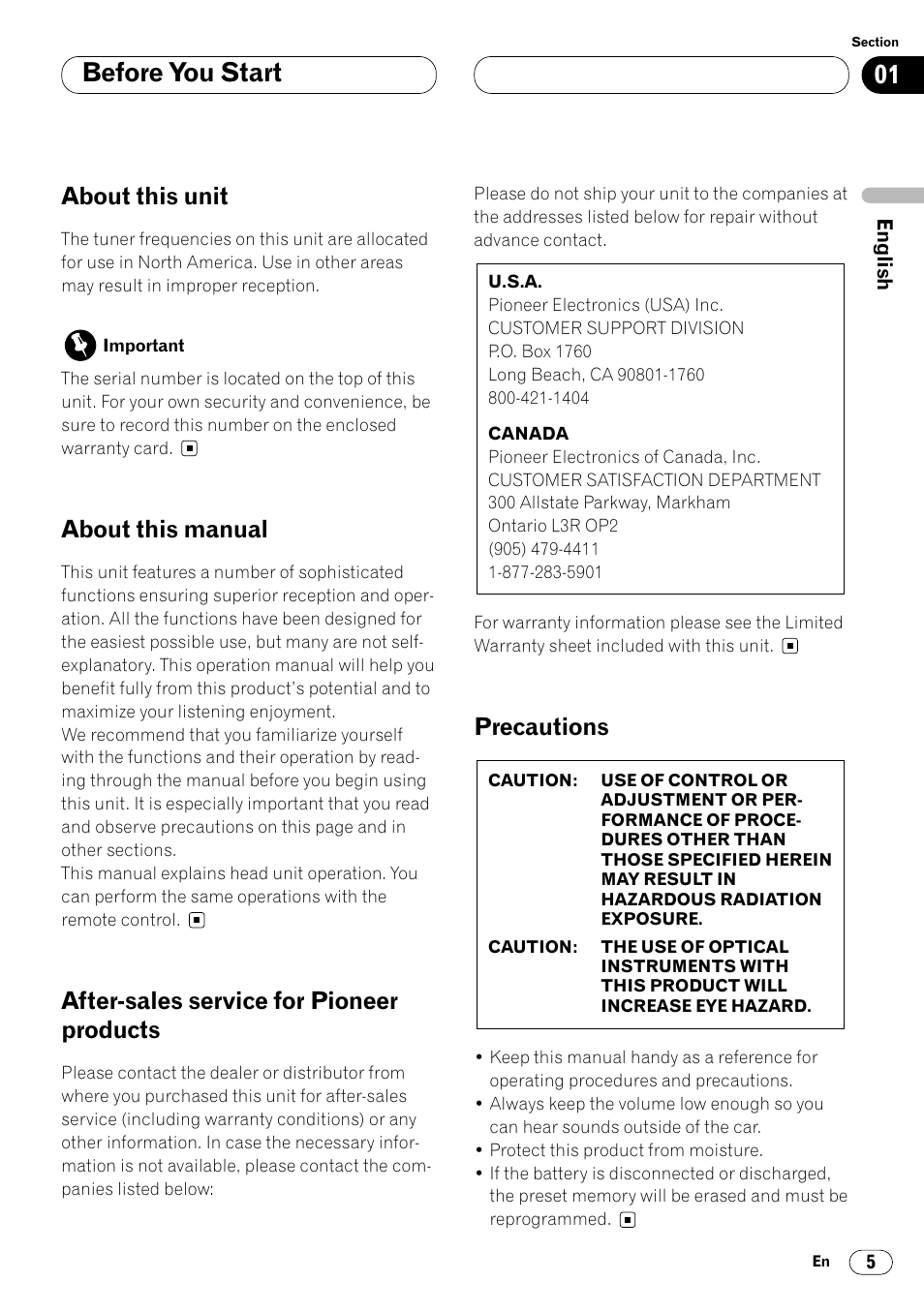 Before you start, About this unit, About this manual | After-sales service for pioneer products, Precautions | Pioneer DEH-P4400 User Manual | Page 5 / 112