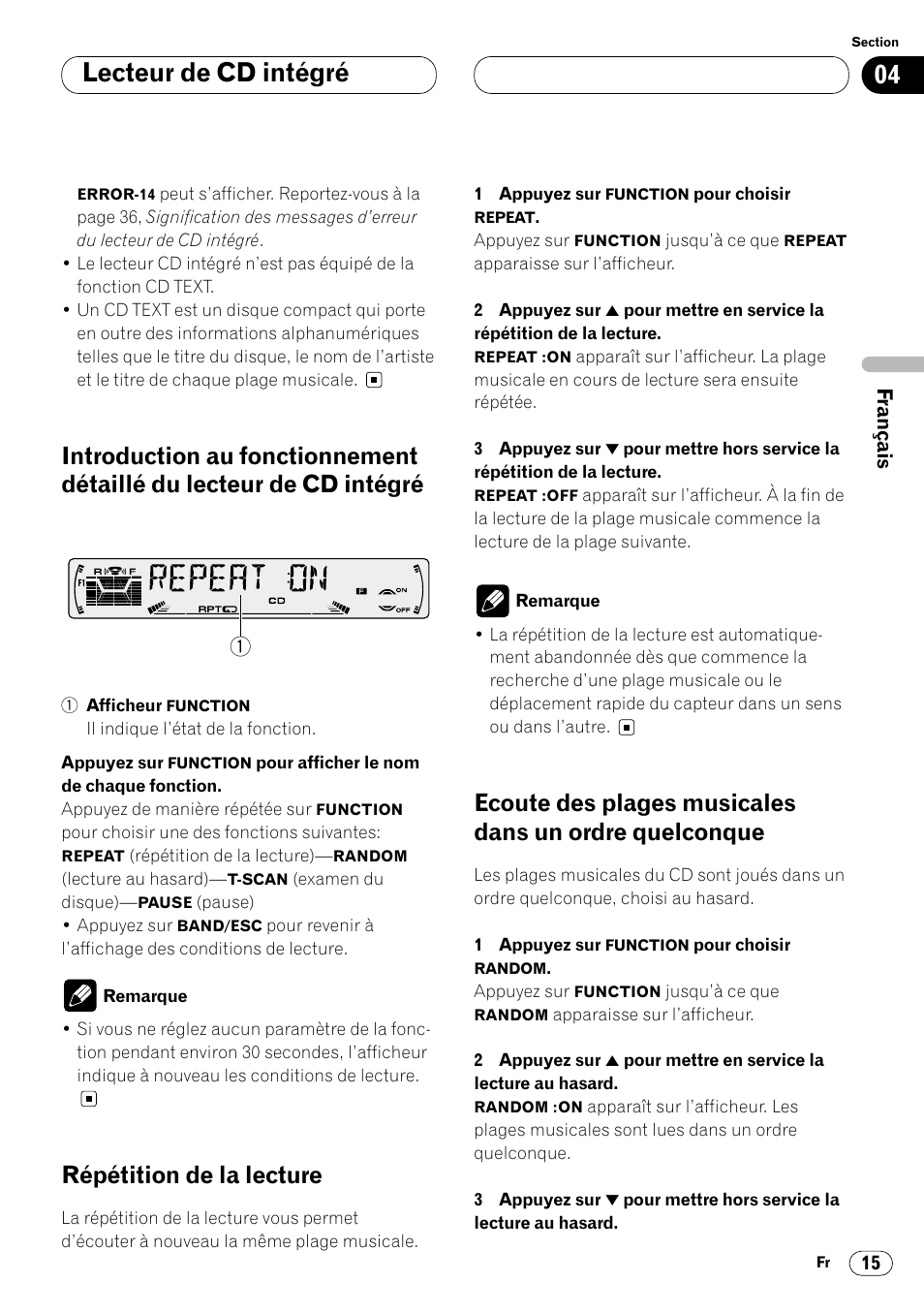 Introduction au fonctionnement détaillé du, Lecteur de cd intégré 15, Quelconque 15 | Lecteur de cd intégré, Répétition de la lecture | Pioneer DEH-P4400 User Manual | Page 51 / 112