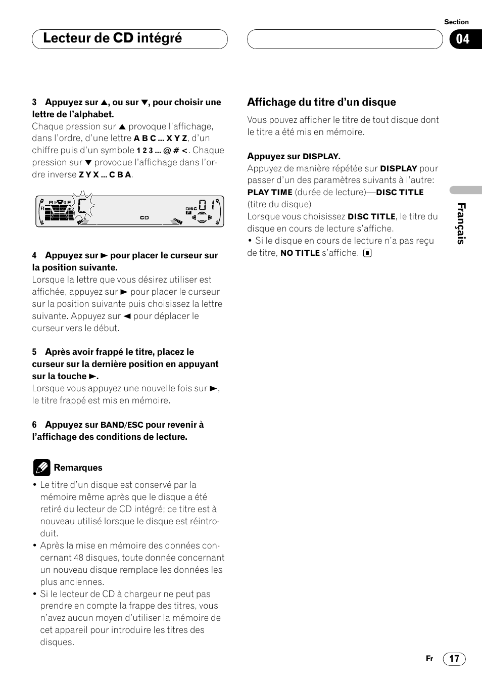 Affichage du titre d’un disque 17, Lecteur de cd intégré | Pioneer DEH-P4400 User Manual | Page 53 / 112