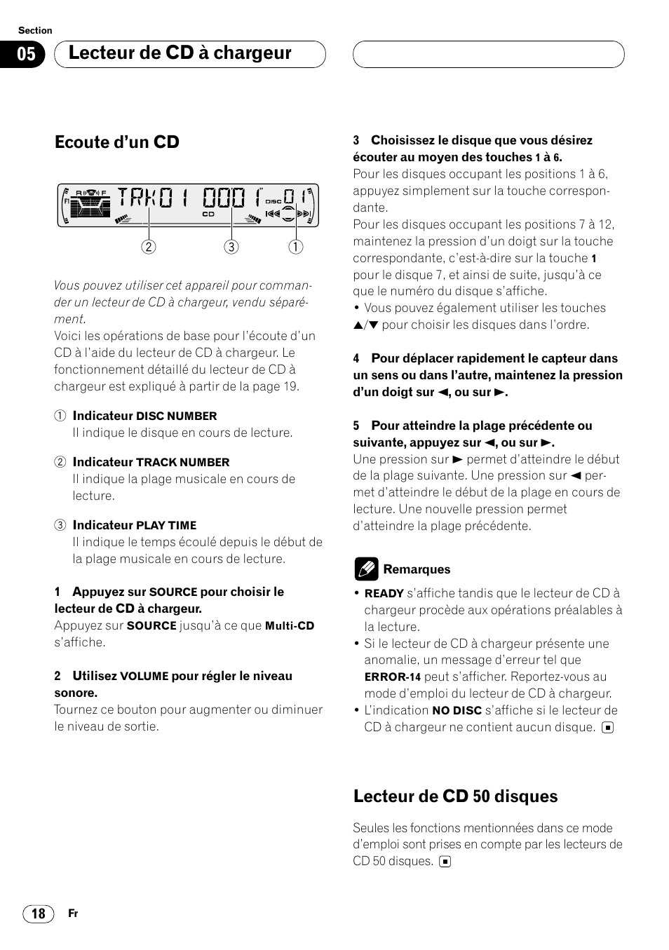 Lecteur de cd à chargeur, Ecoute d’un cd, Lecteur de cd 50 disques | Pioneer DEH-P4400 User Manual | Page 54 / 112
