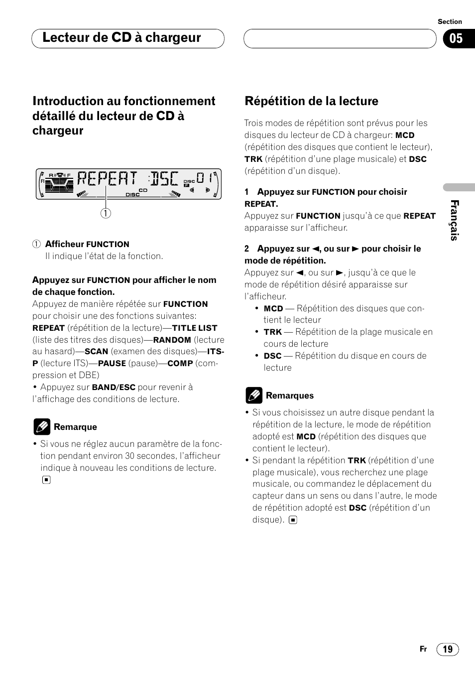 Introduction au fonctionnement détaillé, Du lecteur de cd à chargeur 19, Répétition de la lecture 19 | Lecteur de cd à chargeur, Répétition de la lecture | Pioneer DEH-P4400 User Manual | Page 55 / 112