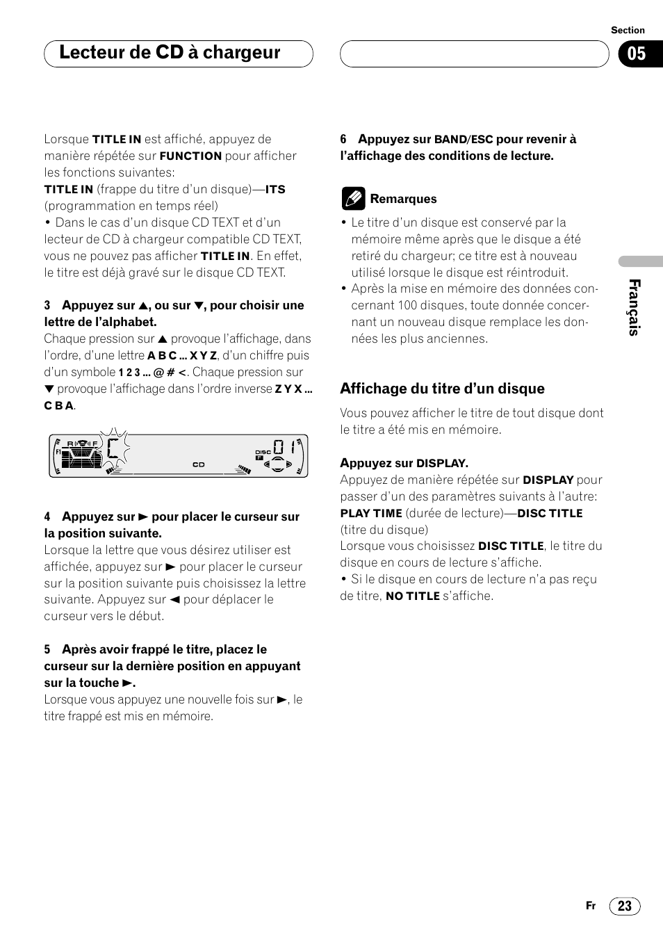Affichage du titre d’un disque 23, Lecteur de cd à chargeur | Pioneer DEH-P4400 User Manual | Page 59 / 112
