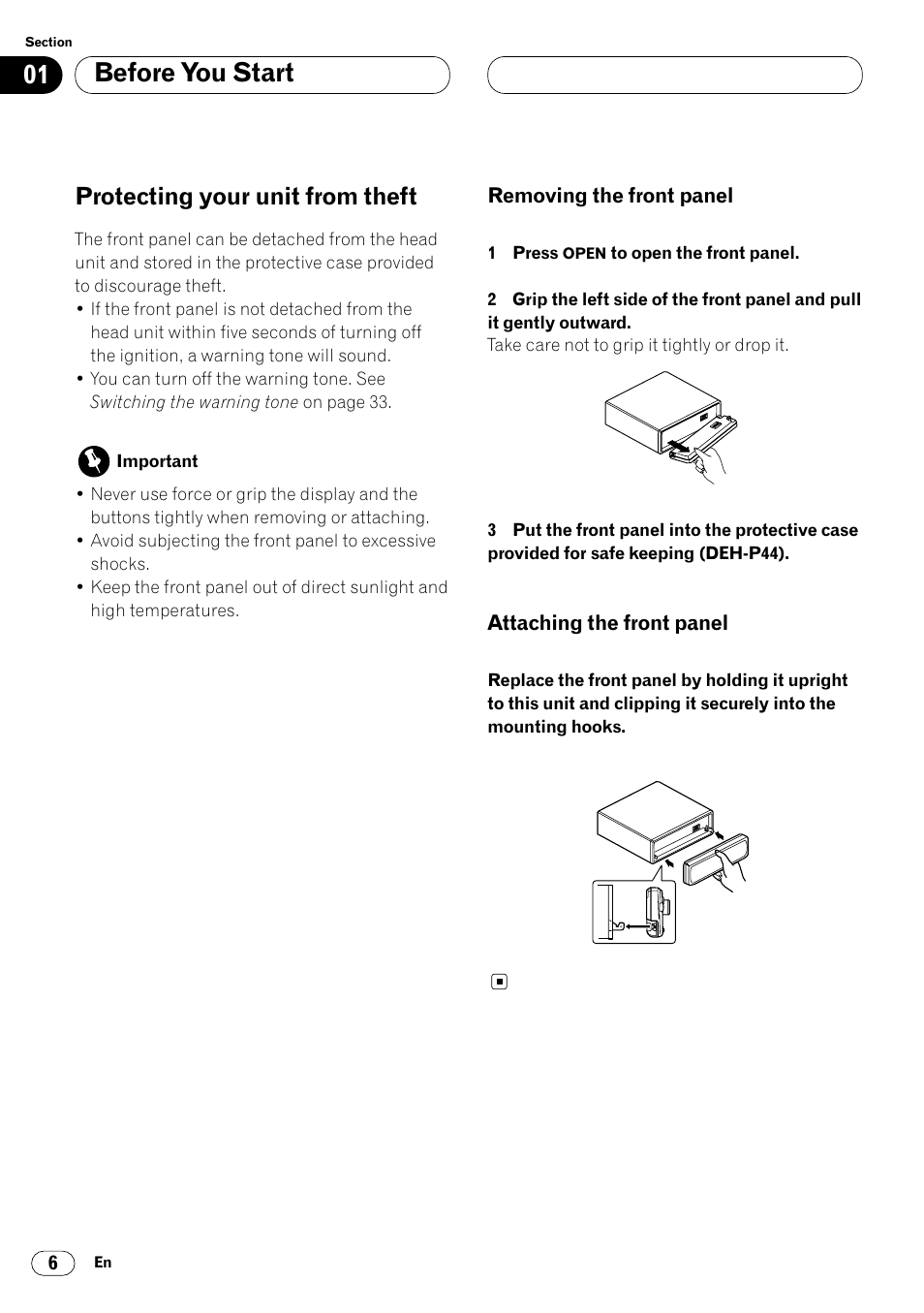 Protecting your unit from theft 6, Before you start, Protecting your unit from theft | Pioneer DEH-P4400 User Manual | Page 6 / 112