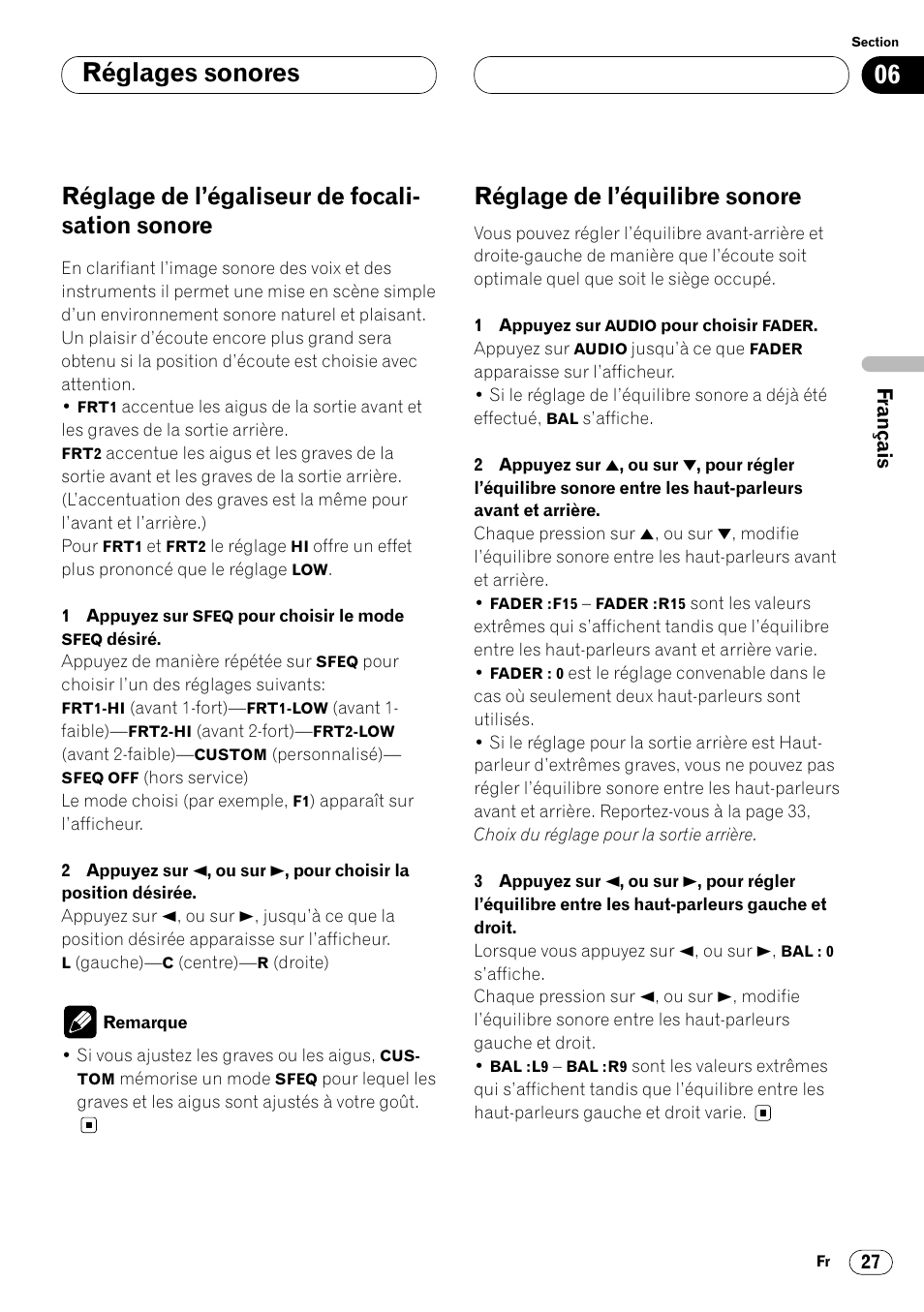 Réglage de l’égaliseur de focalisation, Sonore 27, Réglage de l’équilibre sonore 27 | Réglages sonores, Réglage de l’égaliseur de focali- sation sonore, Réglage de l’équilibre sonore | Pioneer DEH-P4400 User Manual | Page 63 / 112