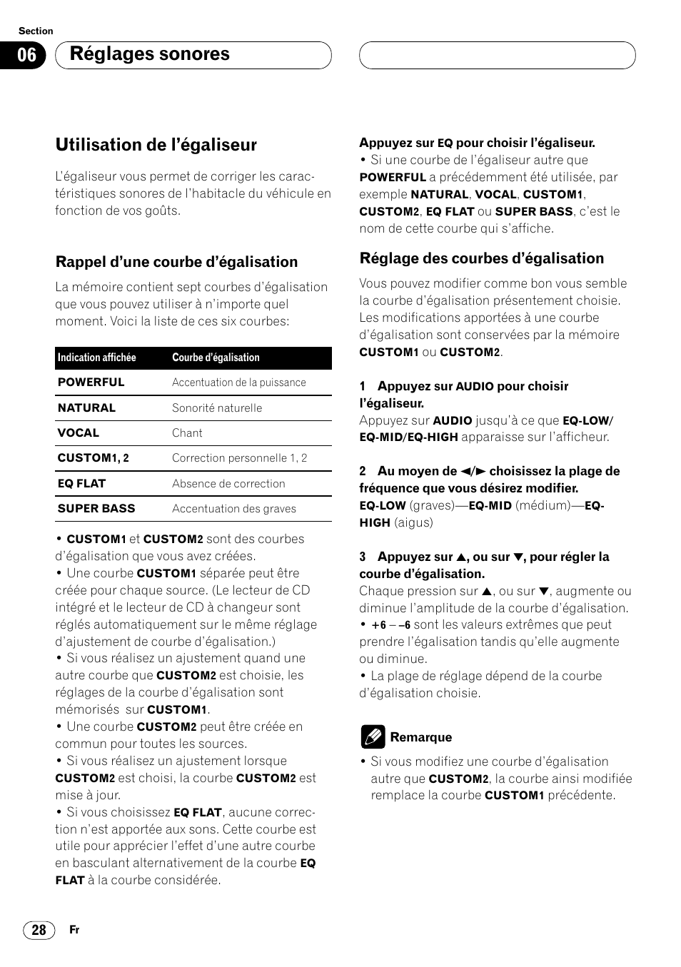 Utilisation de l’égaliseur 28, Réglages sonores, Utilisation de l’égaliseur | Rappel d’une courbe d’égalisation, Réglage des courbes d’égalisation | Pioneer DEH-P4400 User Manual | Page 64 / 112