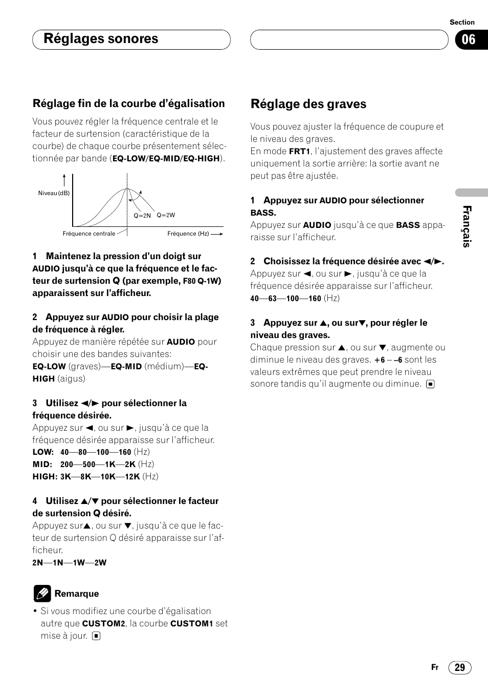 Réglage fin de la courbe, D’égalisation 29, Réglage des graves 29 | Réglages sonores, Réglage des graves, Réglage fin de la courbe d’égalisation | Pioneer DEH-P4400 User Manual | Page 65 / 112