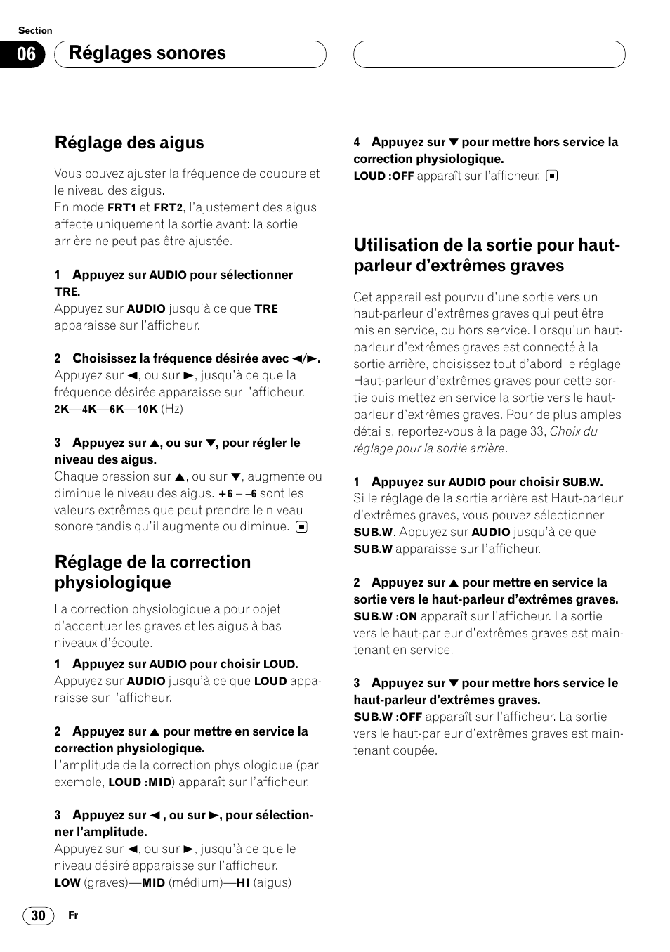 D’extrêmes graves 30, Réglages sonores, Réglage des aigus | Réglage de la correction physiologique | Pioneer DEH-P4400 User Manual | Page 66 / 112