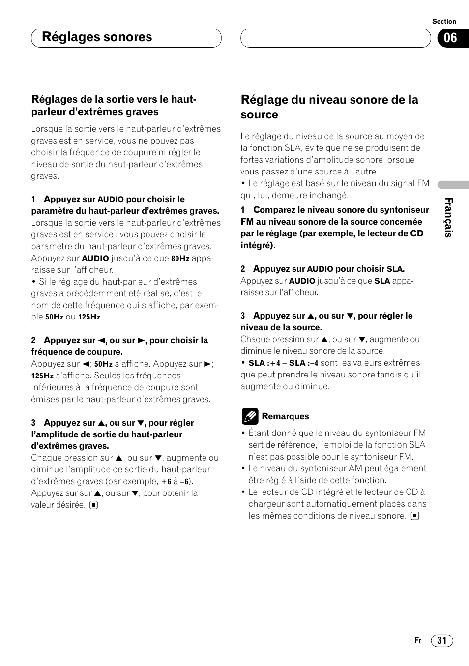 Réglages de la sortie vers le haut, Parleur d’extrêmes graves 31, Réglage du niveau sonore de la source 31 | Réglages sonores, Réglage du niveau sonore de la source | Pioneer DEH-P4400 User Manual | Page 67 / 112