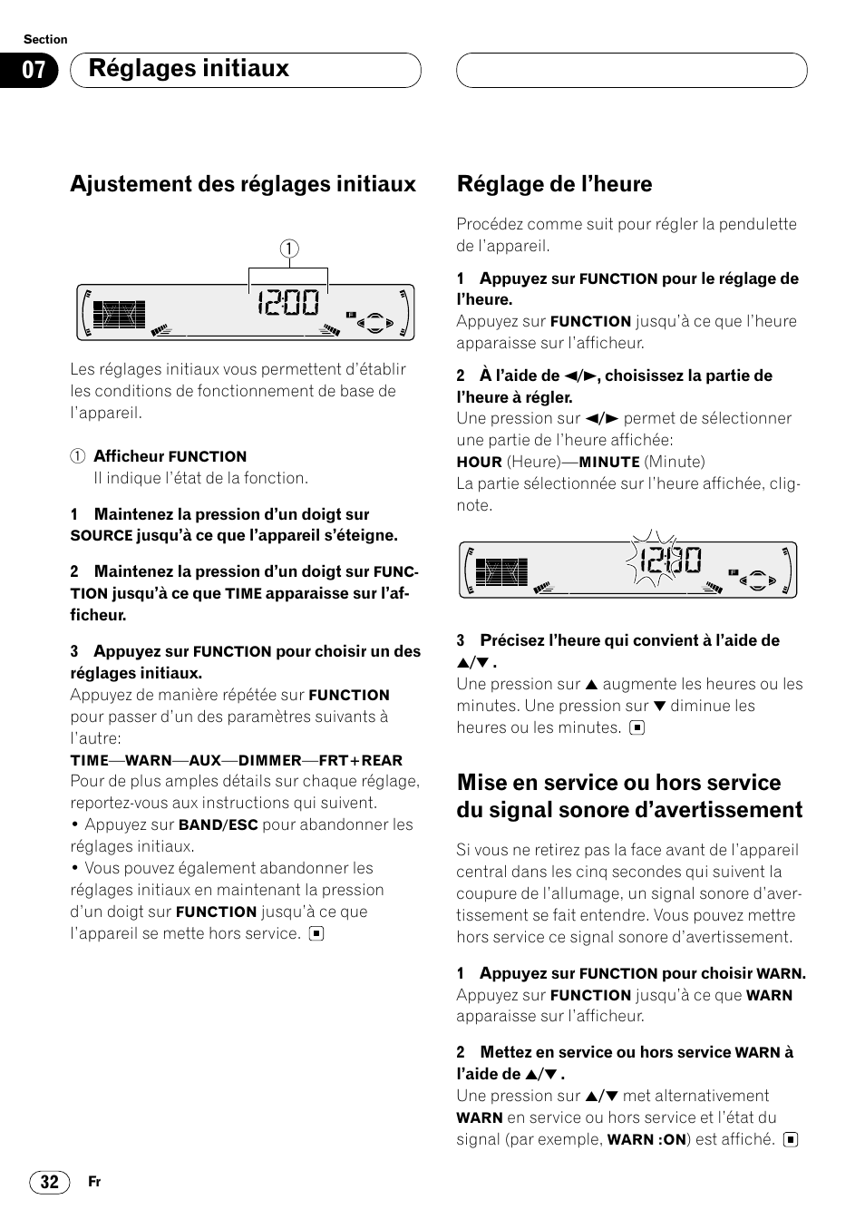 Sonore d’avertissement 32, Réglages initiaux, Ajustement des réglages initiaux | Réglage de l’heure | Pioneer DEH-P4400 User Manual | Page 68 / 112