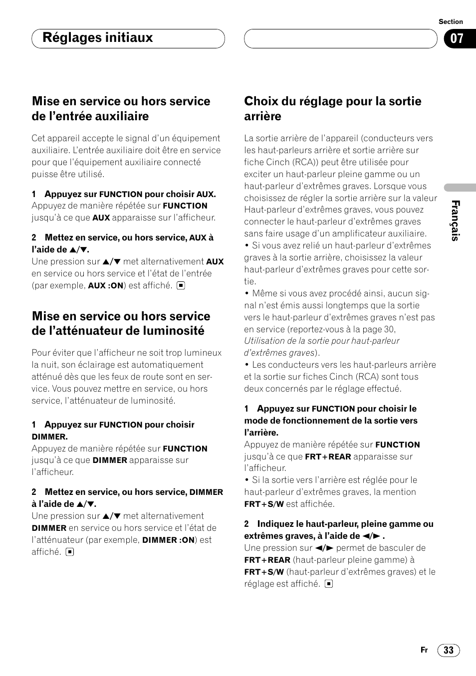 Mise en service ou hors service de l’entrée, Auxiliaire 33, Mise en service ou hors service de | L’atténuateur de luminosité 33, Choix du réglage pour la sortie arrière 33, Réglages initiaux, Choix du réglage pour la sortie arrière | Pioneer DEH-P4400 User Manual | Page 69 / 112