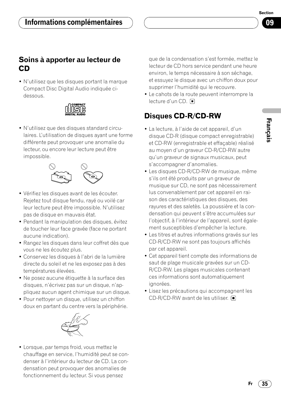 Informations complémentaires, Soins à apporter au lecteur de cd, Disques cd-r/cd-rw | Pioneer DEH-P4400 User Manual | Page 71 / 112