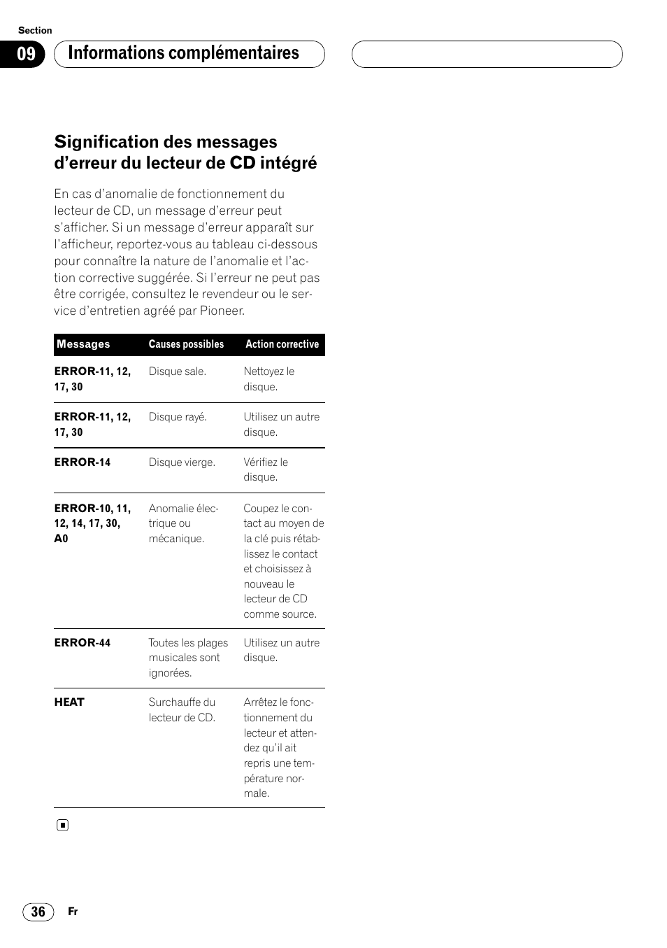 Signification des messages d’erreur du, Lecteur de cd intégré 36, Informations complémentaires | Pioneer DEH-P4400 User Manual | Page 72 / 112
