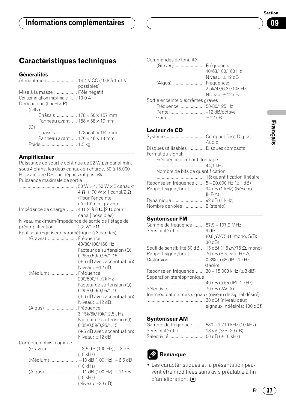 Caractéristiques techniques 37, Informations complémentaires, Caractéristiques techniques | Pioneer DEH-P4400 User Manual | Page 73 / 112