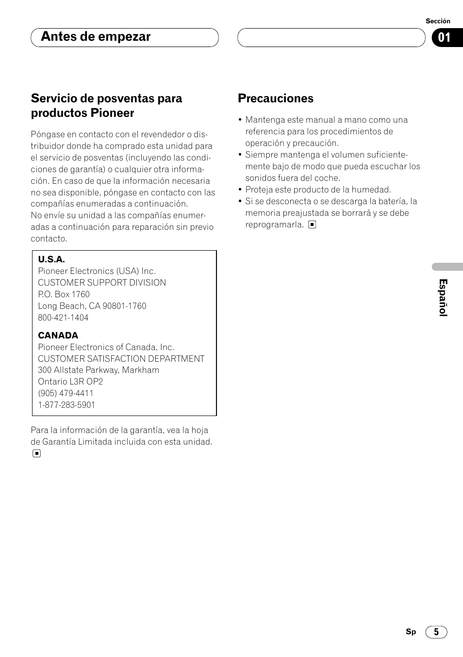 Servicio de posventas para productos, Pioneer 5, Precauciones 5 | Antes de empezar, Servicio de posventas para productos pioneer, Precauciones | Pioneer DEH-P4400 User Manual | Page 77 / 112
