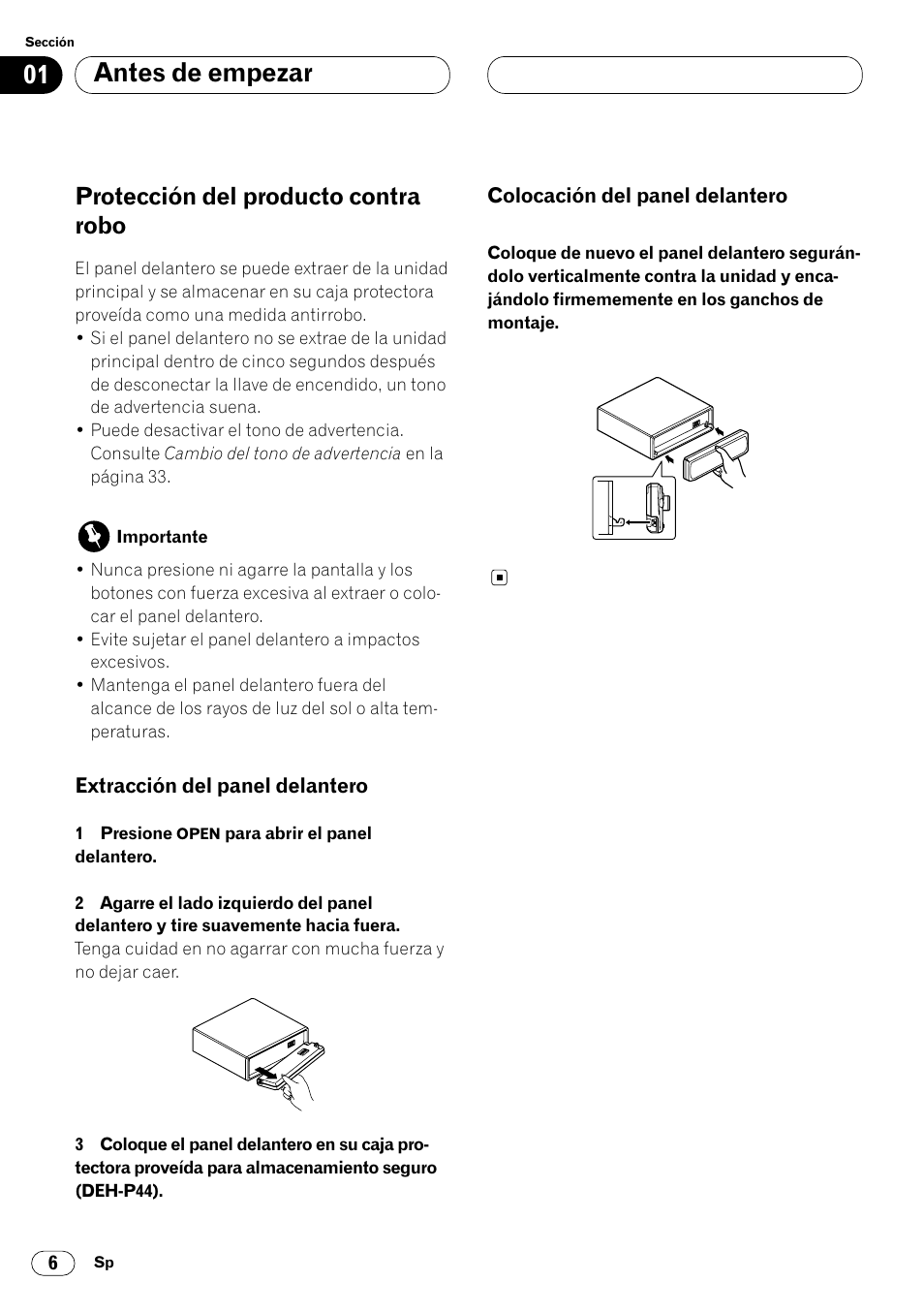 Protección del producto contra robo 6, Antes de empezar, Protección del producto contra robo | Pioneer DEH-P4400 User Manual | Page 78 / 112