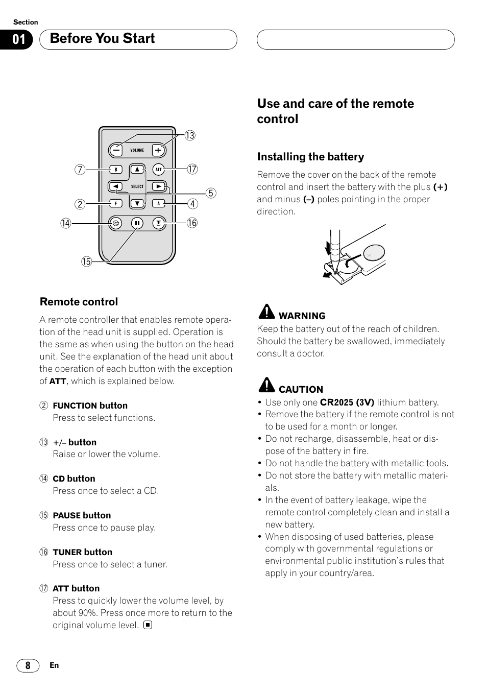 Remote control 8, Use and care of the remote control 8, Installing the battery 8 | Before you start, Use and care of the remote control | Pioneer DEH-P4400 User Manual | Page 8 / 112