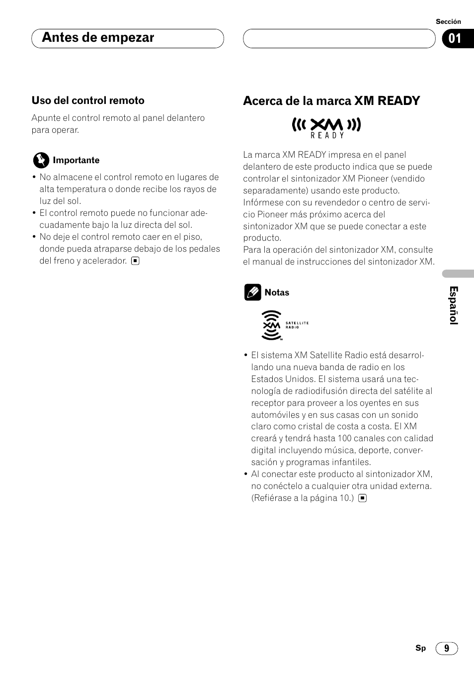 Uso del control remoto 9, Acerca de la marca xm ready 9, Antes de empezar | Acerca de la marca xm ready | Pioneer DEH-P4400 User Manual | Page 81 / 112